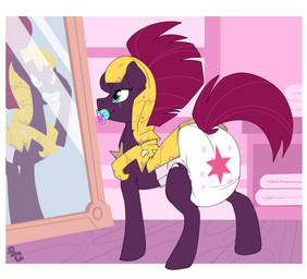 armor clothing diaper eye_scar facial_scar female feral hair headgear helmet horn mirror object_in_mouth pacifier pacifier_in_mouth pink_hair pink_tail purple_body scar smile solo standing tail bubblepuppers friendship_is_magic hasbro my_little_pony my_little_pony:_the_movie_(2017) mythology tempest_shadow_(mlp) equid equine mammal mythological_creature mythological_equine unicorn absurd_res digital_media_(artwork) hi_res signature