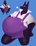 anthro apron belly big_belly bloated blue_background breath clothing dark_body dark_fur dress_shirt fur huge_belly hyper hyper_belly male navel navel_outline no_pupils pecs popped_collar purple_apron purple_body purple_clothing purple_fur shirt simple_background solo topwear white_dress_shirt v1sage super_fatty_rpg canid canine mammal absurd_res hi_res