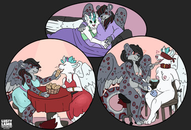 anthro bdsm bedding blanket blindfold bondage bound clothed clothing collar cuddling dinner_date dress duo feeding female female/female furniture hitachi_magic_wand horn romantic sex_toy sofa tied_to_chair vibrator wand_vibrator conditional_dnp lustylamb hitachi mythology domestic_cat equid equine felid feline felis hybrid leopard mammal mythological_creature mythological_equine pantherine unicorn absurd_res hi_res