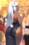 big_butt blurred_background butt dark_body dark_skin eyelashes female female_focus group hair holding_glass holding_object long_hair looking_at_viewer looking_back male rear_view red_eyes solo_focus split_dress standing tail thick_thighs white_ears white_hair white_tail wide_hips niflhiem my_hero_academia minoru_mineta rumi_usagiyama animal_humanoid human humanoid lagomorph lagomorph_humanoid leporid_humanoid mammal mammal_humanoid rabbit_humanoid absurd_res hi_res