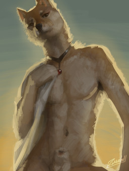 animal_genitalia anthro black_eyes black_nose brown_body choker clothing clothing_aside eyeliner flaccid genitals jewelry looking_aside makeup male necklace penis sheath simple_background sitting sky solo sunrise sunset zimabel canid canine canis domestic_dog mammal shiba_inu spitz hi_res