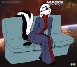 2016 anthro bioware black_body black_fur breasts clothed clothing color_edit colored ear_piercing ear_ring electronic_arts female fur furniture hair kelly_o'dor mammal marmelmm mass_effect mephitid piercing pink_nose ring_piercing skunk sofa solo striped_skunk tegerio third-party_edit whiskers white_body white_fur white_hair zandar's_saga