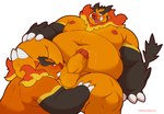 anthro ball_lick balls belly big_belly duo erection genitals licking male male/male moobs navel nipples oral orange_body overweight overweight_male penis sex simple_background tongue tongue_out white_background manlyster nintendo pokemon emboar generation_5_pokemon pokemon_(species) 2024 hi_res