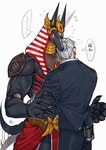 anthro barazoku biceps big_muscles biped black_body black_fur blush blush_lines duo fur hair hair_bun hug male muscular muscular_anthro muscular_human muscular_male red_eyes white_hair emiya_izumi blizzard_entertainment egyptian_mythology middle_eastern_mythology mythology overwatch anubis reaper_(overwatch) anubian_jackal canid canine canis deity human jackal mammal 2024 absurd_res hi_res