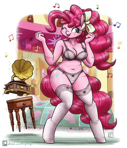 accessory anthro bed bedroom blue_eyes blush border bow_ribbon bra breasts cleavage clothed clothing dancing female fur furniture gramophone hair hair_accessory hair_bow hair_ribbon hooves inside legwear long_hair looking_at_viewer musical_note musical_symbol navel one_eye_closed panties pink_body pink_fur pink_hair ponytail record_player ribbons solo stockings symbol thick_thighs tongue tongue_out underwear underwear_only unguligrade white_border wink winking_at_viewer king-kakapo friendship_is_magic hasbro my_little_pony pinkie_pie_(mlp) equid equine horse mammal pony 2020 absurd_res hi_res