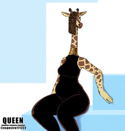 anthro belly black_clothing bottomwear breasts clothed clothed_female clothing dreadlocks female front_view fully_clothed fully_clothed_female fur hair hair_over_eye horn jewelry long_neck markings medium_breasts necklace ossicone overweight overweight_anthro overweight_female pants sitting slightly_chubby slightly_chubby_anthro slightly_chubby_female solo spots spotted_body spotted_fur thick_thighs wide_hips espectro111222 giraffe giraffid mammal hi_res