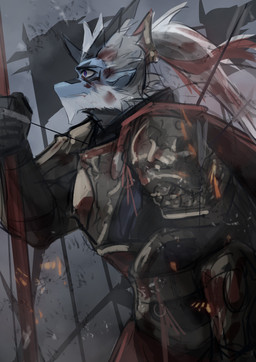 anthro armor arrow_(weapon) asian_clothing blood bodily_fluids clothing flag holding_melee_weapon holding_object holding_polearm holding_weapon male melee_weapon polearm ranged_weapon solo weapon delax mythology tianhehui mo_xia_(tianhehui) dragon mythological_creature mythological_scalie scalie absurd_res hi_res