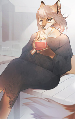 anthro black_clothing brown_nose clothed clothing container cup female female_anthro fur glistening glistening_eyes grey_eyes grey_hair hair holding_container holding_cup holding_object jewelry mouth_closed necklace orange_body orange_fur sitting solo steam text white_body white_fur unknowhiter canid canine fox mammal 2024 artist_name dated hi_res