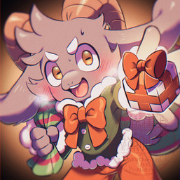 4_fingers anthro blush bottomwear bow_tie christmas_bag christmas_clothing christmas_present clothed clothing curved_horn fingers fur gift green_clothing green_topwear grey_body grey_fur hair holidays horn long_ears looking_at_viewer male open_mouth orange_bottomwear orange_clothing simple_background smile solo teeth tongue topwear yellow_eyes toto_n7 christmas bolgogi bovid caprine goat mammal digital_media_(artwork) hi_res