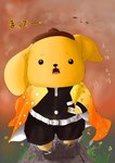 anthro belt beret clothing flower footwear grass hat headgear headwear male panicking plant road running shoes simple_background solo text yo_mi_illust demon_slayer kimetsu_no_yaiba pompompurin_(series) sanrio pom_pom_purin pompompurin_(character) canid canine canis domestic_dog mammal absurd_res hi_res japanese_text partially_translated translation_request