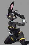 2023 black_body black_fur breasts brown_eyes bunny_costume clothing costume cute_fangs domestic_cat fake_ears fake_rabbit_ears fake_rabbit_tail fake_tail felid feline felis female fur hi_res humanoid legwear looking_at_viewer mammal nulia open_mouth simple_background solo stockings tarahe teeth tongue