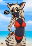 anthro beach bikini cheek_tuft chest_tuft claws clothing cloud cute_fangs day dialogue facial_markings facial_tuft fangs female finger_claws front_view fur hand_on_hip head_markings inner_ear_fluff markings muzzle_(marking) open_mouth outside seaside sharp_teeth side-tie_bikini sky smile snout snout_markings solo standing string_bikini striped_body striped_fur stripes swimwear tan_body tan_fur teeth text tuft two-piece_swimsuit yellow_eyes stargazer vivian_(bloodline) hyena mammal striped_hyena 2023 colored digital_drawing_(artwork) digital_media_(artwork) english_text hi_res portrait three-quarter_portrait