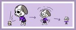 anthro border clothed clothing female inanimate_transformation plastic purple_background purple_border shrinking simple_background simple_coloring size_transformation solo totem toy transformation nootherway animal_crossing nintendo portia_(animal_crossing) canid canine canis domestic_dog mammal hi_res