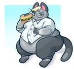 anthro barefoot belly belly_overhang belly_peeking_out big_belly biped blonde_hair blue_background blush bodily_fluids border bottomwear burger clothed clothing deep_navel dress_shirt eating embarrassed eyewear feet food glasses gloves_(marking) gradient_background grey_body hair heterochromia holding_burger holding_food holding_object huge_belly leg_markings looking_at_viewer love_handles male markings moobs navel obese obese_anthro obese_male open_mouth overweight overweight_anthro overweight_male pants shirt simple_background sitting socks_(marking) solo sweat sweatdrop tail thick_thighs three-quarter_view topwear wearing_glasses white_border robirobi animal_crossing nintendo raymond_(animal_crossing) domestic_cat felid feline felis mammal 2023 artist_name full-length_portrait hi_res portrait