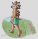 anthro back_spikes bottomwear brown_body brown_fur brown_hair clothing female fur green_bottomwear green_clothing green_skirt hair lake pie_cut_eyes skirt skirt_only solo spikes spikes_(anatomy) spiky_hair walking lendri_mujina amialido_amdodo_(copyright) shielle_spineback mammal porcupine rodent dated hi_res signature