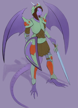 anthro armor blue_eyes breastplate fantasy greaves hair headgear helmet horn horned_helmet knight melee_weapon purple_body purple_skin purple_wings shield solo sword tail vambrace warrior weapon wings olezheeck mythology dragon mythological_creature mythological_scalie scalie hi_res