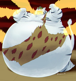 anthro belly clothed clothing inflation male partially_clothed solo torn_clothing iwano yu_yu_hakusho byakko_(yu_yu_hakusho) felid mammal pantherine tiger hi_res