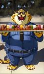 3:5 anthro benjamin_clawhauser cheetah clothing dessert disney doughnut eyebrows eyewear felid feline food happy inubikko male male_anthro mammal open_mouth overweight overweight_anthro overweight_male pastry police police_uniform raised_eyebrows solo sunglasses uniform zootopia