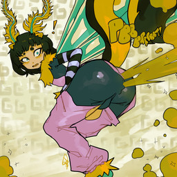 abstract_background antennae_(anatomy) armwear back_wings bangs bent_over black_armwear black_bodysuit black_clothing black_eyebrows black_hair black_skinsuit black_tail blue_eyes bodysuit bottomwear bulge butt clothed clothed_humanoid clothed_male clothing exclamation_point eyebrows eyelashes fart fart_cloud fart_fetish femboy fluffy_antennae green_fart_cloud green_text hair head_turned insect_wings lepidopteran_wings looking_back male male_farting male_humanoid multicolored_antennae multicolored_armwear multicolored_clothing multicolored_wings onomatopoeia open_mouth orange_antennae orange_ears orange_tail orange_tongue orange_wings pants pattern_armwear pattern_clothing pink_bottomwear pink_clothing pink_pants ruff short_hair skinsuit solo sound_effects striped_armwear striped_clothing stripes tail tan_wings teal_antennae teal_wings teeth text tight_clothing tongue two_tone_antennae two_tone_armwear two_tone_clothing two_tone_tail white_armwear white_clothing wings usagaijin actia_(usagaijin) animal_humanoid arthropod arthropod_humanoid humanoid hybrid insect insect_humanoid lepidopteran lepidopteran_humanoid mammal mammal_humanoid mephitid mephitid_humanoid moth_humanoid skunk_humanoid 2021 absurd_res english_text hi_res signature