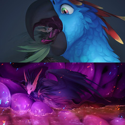 anthro anthro_pred anthro_prey beak blue_body bodily_fluids dipstick_feathers drooling duo head_feathers internal larger_pred male male_pred male_prey mawplay mouth_shot multicolored_eyes open_mouth orange_body organs rainbow_eyes saliva size_difference speckled_body stomach stomach_acid vore birrrrrrrrb ka'lam'holn'qui'ke sprite_(pathfinder) avian bird parrot 1:1 absurd_res colored digital_drawing_(artwork) digital_media_(artwork) hi_res shaded