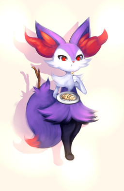 3_fingers ambiguous_anthro ambiguous_gender anthro arm_tuft biped black_body black_fur cheek_tuft chest_tuft digitigrade dipstick_tail drop_shadow eating facial_tuft fingers flat_chested food front_view fur hip_tuft holding_fork holding_object holding_plate inner_ear_fluff markings mouth_closed multicolored_body multicolored_fur nude_ambiguous nude_anthro object_in_tail plate pointy_ears prick_ears purple_body purple_fur purple_tail red_body red_eyes red_fur red_inner_ear_fluff red_nose red_tail_tip shoulder_tuft simple_background solo standing stick stick_in_tail tail tail_markings tuft two_tone_tail white_background white_body white_fur joltik_(artist) nintendo pokemon braixen canid generation_6_pokemon mammal pokemon_(species) shiny_pokemon 2014 colored digital_media_(artwork) digital_painting_(artwork) full-length_portrait painting_(artwork) portrait shaded