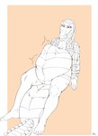 abdominal_bulge anthro belly big_belly bottomwear claws clothed clothing dreadlocks fangs female fully_inside licking licking_lips narrowed_eyes open_mouth red_eyes scales shirt shorts sitting soft_vore solo tail tail_between_legs teeth toe_claws tongue tongue_out topwear vore jimfoxx fan_character crocodile crocodilian reptile scalie 2023 hi_res signature