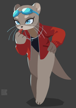 3_fingers 3_toes anthro barefoot blue_eyes clothing eyewear eyewear_on_head feet female fingers goggles goggles_on_head hand_on_hip jacket one-piece_swimsuit paws solo swimwear toes topwear whiskers whistle_(object) el-k ms._ota_(el-k) mammal mustelid otter absurd_res hi_res lineless