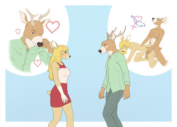 all_fours anthro antlers clothed clothing comparison doggystyle duo eye_contact female female_penetrated from_behind_position horn kneeling looking_at_another male male/female male_penetrating male_penetrating_female nude penetration sex simple_background smile thought_bubble walking 9x9 cervine deer mammal