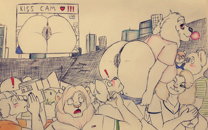 ambiguous_gender anthro anus big_breasts black_nose blowing_bubble_gum blush breasts bubble bubble_gum building camera candy cheek_tuft clothing covered_eyes covering covering_eyes covering_face dessert exclamation_point exhibitionism facial_tuft fangs female floppy_ears food fur genitals green_clothing green_shirt green_t-shirt green_topwear group gum holding_camera holding_object inflating large_group light_body light_fur male markings one_eye_closed open_mouth pattern_clothing pattern_shirt pattern_t-shirt pattern_topwear perineum presenting presenting_anus presenting_vulva pubes red_eyes shirt sport spots spotted_body spotted_fur stadium striped_clothing striped_shirt striped_t-shirt striped_topwear stripes t-shirt tan_body tan_fur teeth tongue topwear tuft vulva white_body white_fur wide_hips bredlaybagordh olannah canid canine canis domestic_dog felid lion mammal pantherine 16:10 widescreen