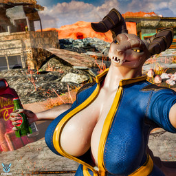 anthro big_breasts blue_clothing bodily_fluids breasts city_destruction clothing destruction female horn huge_breasts nuka-cola smile solo sweat sweatdrop tail teeth text thick_thighs yellow_clothing foxibiki vulgarvictor_(modeler) blender_cycles fallout microsoft mommyclaw_(vulgarvictor) deathclaw mammal reptile scalie 1:1 3d_(artwork) blender_(artwork) digital_media_(artwork)