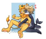 anthro black_body bodily_fluids cum duo genital_fluids genitals kemono male male/male nude pawpads penis simple_background yellow_body young young_anthro shoko_contane felid feline fish lion mammal marine pantherine shark hi_res