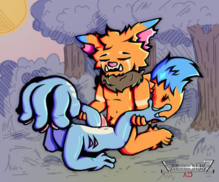anal anal_penetration animal_genitalia anthro barefoot belly blue_body blue_fur blue_skin blush blush_lines bodily_fluids brown_body brown_fur dripping duo ear_tuft fangs feet forest forest_background fur genital_fluids genital_slit genitals gradient_background grass highlights_(coloring) holding_both_legs kneeling kneeling_sex leaking_precum logo looking_at_another looking_pleasured male male/male muscular nature nature_background navel orange_body orange_fur outside outside_sex penetration pink_nose plant precum precum_drip pubes pubes_exposed sex simple_background spread_legs spreading sun tail teeth teeth_showing tree tuft jackousz league_of_legends riot_games tencent fizz_(lol) gnar_(lol) yordle 6:5 hi_res shaded shaded_line_art