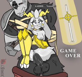 anthro anthro_on_anthro anthro_penetrated anthro_penetrating anthro_penetrating_anthro areola armor balls biped blue_eyes breasts clitoris clothed clothing defeated defeated_heroine dominant dominant_male duo eyebrows eyelashes female fingers fur game_over gameplay_mechanics genitals grey_body grey_fur hooves looking_pleasured male male/female medium_breasts melee_weapon mostly_nude nipples orgasm orgasm_face penetration penis piercing sex simple_background submissive submissive_female text unguligrade vaginal vaginal_penetration vein vulva weapon mr_esmox pseudoregalia strong_eyes_(pseudoregalia) sybil_(pseudoregalia) bovid canid canine caprine mammal 2026 absurd_res digital_media_(artwork) hi_res shaded
