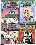 4_panel_comic aloha_shirt anthro beard black_hair clothing dialogue duo facial_hair floppy_ears fur hair half-closed_eyes humor male muscle_tone muscular muscular_anthro muscular_male narrowed_eyes pattern_clothing pattern_shirt pattern_topwear shirt speech_bubble text topwear white_body white_fur yellow_body yellow_fur rawdawgcomics stahli_(rawdawgcomics) bird_dog canid canine canis domestic_dog golden_retriever hunting_dog mammal retriever 4:5 comic english_text