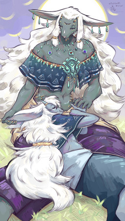 ambiguous_gender anthro anthro_on_anthro clothing duo ear_grab ear_piercing fur green_clothing hair horn jewelry long_hair male male/ambiguous navel piercing simple_background smile savielle trololohstuffs nintendo tears_of_the_kingdom the_legend_of_zelda doggylaw rauru_(tears_of_the_kingdom) zonai 2025 absurd_res artist_collaboration digital_media_(artwork) hi_res