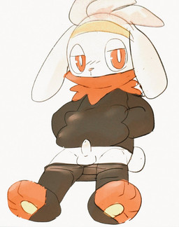 3_toes anthro balls bottomwear bottomwear_down clothed clothing erection feet fur genitals half-closed_eyes hand_in_pocket looking_at_viewer male narrowed_eyes pants pants_down partially_clothed penis pockets red_eyes serious sitting solo tail toes white_body white_fur pu_sukebe nintendo pokemon generation_8_pokemon pokemon_(species) raboot 2026