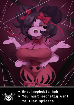 5_fingers 6_arms accessory biped bow_ribbon breasts clothed clothing dialogue eyelashes female fingers gesture hair_accessory hair_bow hair_ribbon legwear multi_arm multi_limb open_mouth profanity pupils red_clothing ribbons shrug smile solo text cranihum undertale undertale_(series) muffet animal_humanoid arachnid arachnid_humanoid arthropod arthropod_humanoid humanoid spider_humanoid 2026 absurd_res english_text hi_res