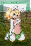 anthro belly big_belly biped blonde_hair bottomwear breasts clothing covering covering_breasts covering_self female fluffy fur green_eyes hair kneeling navel pregnant skirt smile smirk solo white_body white_fur cainethelongshot molly_rose_(maxiscore) snow_bunny lagomorph leporid mammal rabbit hi_res