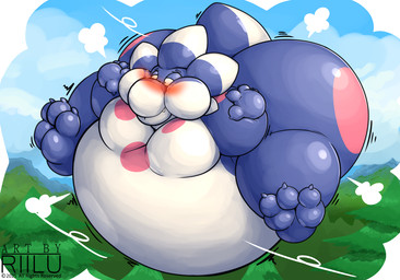 3_toes 4_fingers air_inflation ambiguous_gender anthro black_text blush copyright_symbol countershading featureless_chest feet fingers floating hyper inflation outside solo symbol text toes white_body white_countershading year riilu riilu_(character) 2025 artist_name digital_media_(artwork) english_text hi_res