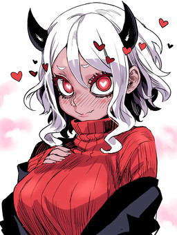 big_breasts black_clothing black_horn blush breasts clothed clothing fangs female hair heart_eyes heart_symbol horn legwear long_hair not_furry pink_body pink_skin red_clothing red_eyes red_sweater red_topwear simple_background smile solo sweater teeth topwear white_background white_hair asanagi helltaker modeus_(helltaker) demon humanoid 3:4 hi_res