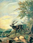 1908 20th_century absurd_res adolf_hitler_(artist) ancient_art antlers brown_body brown_fur cervine cloud crescent_moon dated day deer elk female feral forest formal_art fur grass group hi_res horn lol_comments male mammal moon moose mountain nature nature_background new_world_deer outside painting_(artwork) plant rock signature tongue tongue_out traditional_media_(artwork) tree trio water waterfall