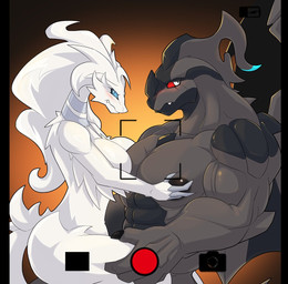 anthro big_muscles big_nipples big_pecs black_body black_scales blue_eyes blush breast_to_pecs breasts_on_pecs butt camera_hud duo female fur leg_grab looking_away male male/female muscular muscular_anthro muscular_male nipples on_lap pec_grab pecs recording red_eyes scales shy sitting_on_lap thick_thighs thigh_grab white_body white_fur zaqiizawa mythology nintendo pokemon dragon furred_dragon furred_scalie generation_5_pokemon legendary_pokemon mythological_creature mythological_scalie pokemon_(species) reshiram scalie zekrom 2025 digital_drawing_(artwork) digital_media_(artwork)