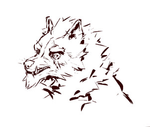 ambiguous_gender anthro eye_scar facial_scar fangs front_view fur looking_aside mouth_closed overbite scar simple_background snout solo teeth teeth_showing underbite whiskers white_background kingarthur_i canid mammal 2023 digital_drawing_(artwork) digital_media_(artwork) headshot_portrait monochrome portrait sketch
