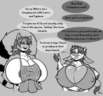 anthro apron apron_only areola big_breasts breasts cleavage clothed clothing duo female huge_breasts text rapidpanda_(artist) mama_maisie_(rapidpanda) mama_panda ailurid bovid bovine cattle mammal red_panda english_text hi_res monochrome