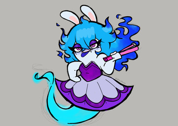 anthro arms_bent bangs bare_shoulders blue_body blue_hair blue_tongue blush blush_lines breasts clothed clothed_anthro clothed_female clothing dress fangs female fur grey_background hair half-closed_eyes hand_on_hip hand_on_own_hip holding_fan legless light long_ears multicolored_body multicolored_hair narrowed_eyes noseless paper_fan purple_clothing purple_dress purple_eyelids purple_eyes simple_background solo tan_inner_ear teeth text tongue tongue_out two_tone_body two_tone_hair wavy_hair white_body white_fur vampkettleartz mario_bros mario_plus_rabbids_sparks_of_hope nintendo raving_rabbids rayman_(series) ubisoft midnite_(mario_plus_rabbids) ghost hybrid lagomorph mammal rabbid spirit 2023 absurd_res artist_name colored crossover digital_drawing_(artwork) digital_media_(artwork) full-length_portrait hi_res lighting portrait shaded