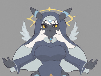 anthro anthrofied arms_out blue_body_markings blue_outfit breasts clothing color_swatch cross dark_lips fangs female gem glistening hair halo headgear headwear heart_symbol jewelry light light_beam medium_breasts nun nun_outfit praying_hands religious_clothing religious_headwear religious_symbol short_hair smile smiling_at_viewer solo spread_wings sunbeam sunlight teeth thick_thighs white_hair wings yellow_cross yellow_eyes nupi nintendo pokemon angela_(nickzilla) eeveelution generation_2_pokemon mammal pokemon_(species) shiny_pokemon umbreon hi_res