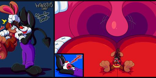 2_toes 3_toes 4_fingers anthro big_feet big_tongue big_uvula boop cartoon_gloves clothing duo ear_grab eyewear feet finger_on_nose fingers glasses in_mouth male male/male nose_boop open_mouth overalls pawpads red_tongue shirt snoring soles tail text thick_tongue toes tongue toony topwear uvula vore wearing_glasses whiskers wide_tongue marquis2007 herman_(marquis2007) roderick_(tamerkoh) imp lagomorph leporid mammal rabbit absurd_res alpha_channel comic english_text hi_res