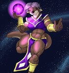 abs anthro brown_body brown_fur claws clothing cosmic_background female flying fur membrane_(anatomy) muscular muscular_anthro muscular_female nipple_outline purple_claws purple_clothing purple_eyes purple_glow sky solo space star starry_background starry_sky thick_thighs webbed_hands wide_hips pandottermon mammal mustelid otter hi_res