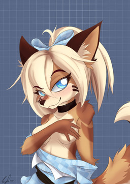 anthro blue_eyes breasts brown_body brown_fur convenient_censorship covering covering_breasts female female_anthro fur hand_on_breast inner_ear_fluff pattern_background simple_background solo tuft surryfox doki_(teranen) 2023 hi_res shaded signature