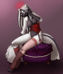 anthro big_tail biped black_nipples bottomless breasts clothed clothing corset eyewear female garter_straps glasses hair halo legwear lingerie long_hair nipples purple_eyes sitting skimpy solo stockings tail topless topwear ajna hizzie asphyxia_lemieux mammal mephitid skunk artist_collaboration